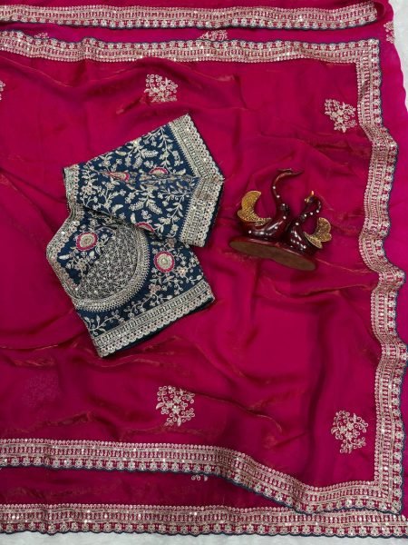 Lightweight Red Soft Frendy Satin Designer Saree with Sequins Zari Embroidery Work Designer Wedding Sarees Wholesale