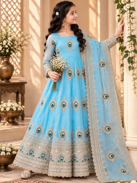 Lightweight Sky Blue Designer Kids Gown Set with Thread and Zari Sequin Work 