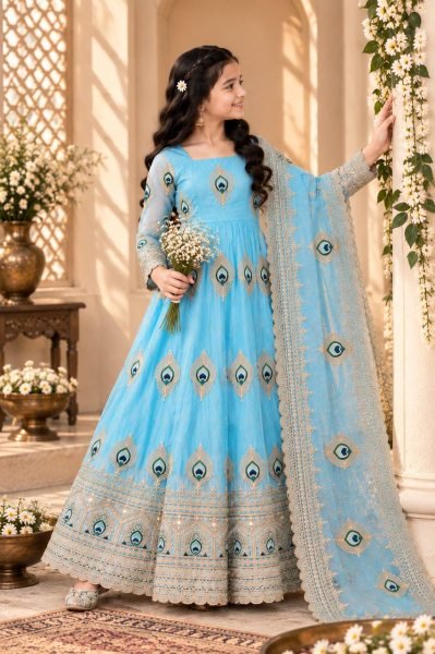 Lightweight Sky Blue Designer Kids Gown Set with Thread and Zari Sequin Work Girls Wear