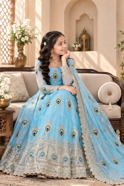 Lightweight Sky Blue Designer Kids Gown Set with Thread and Zari Sequin Work Girls Wear