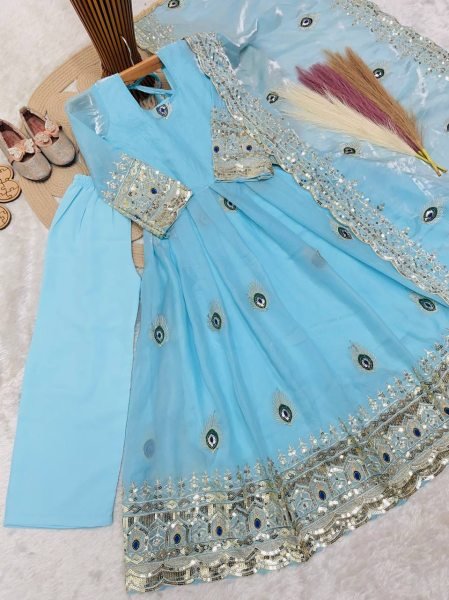 Lightweight Sky Blue Designer Kids Gown Set with Thread and Zari Sequin Work Girls Wear
