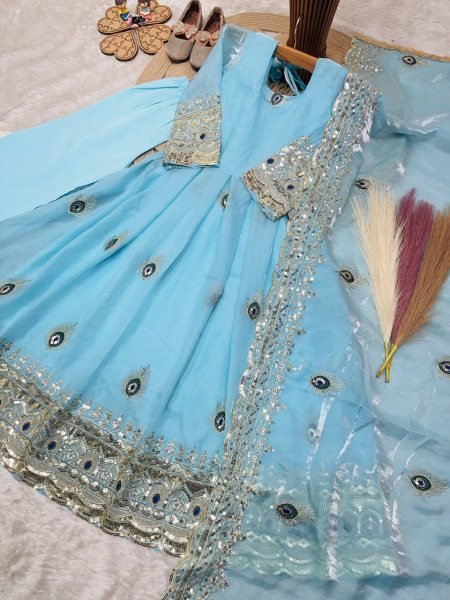 Lightweight Sky Blue Designer Kids Gown Set with Thread and Zari Sequin Work Girls Wear