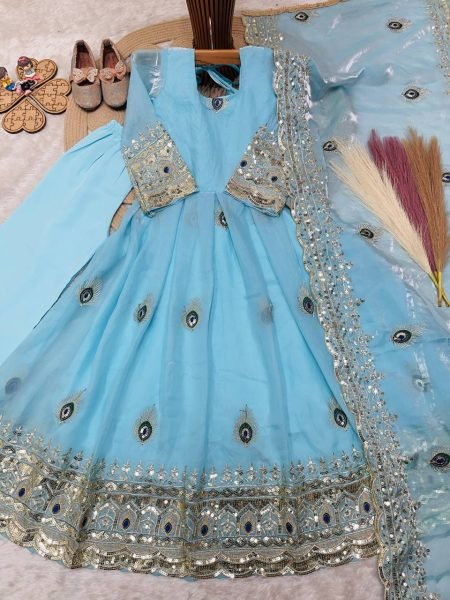 Lightweight Sky Blue Designer Kids Gown Set with Thread and Zari Sequin Work Girls Wear