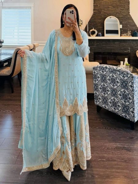 Lightweight Sky Blue Georgette Sharara Suits With Coding For Women s Suits Set Manufacturer Ready To Wear Suit