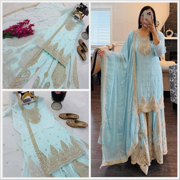 Lightweight Sky Blue Georgette Sharara Suits With Coding For Women s Suits Set Manufacturer Ready To Wear Collection