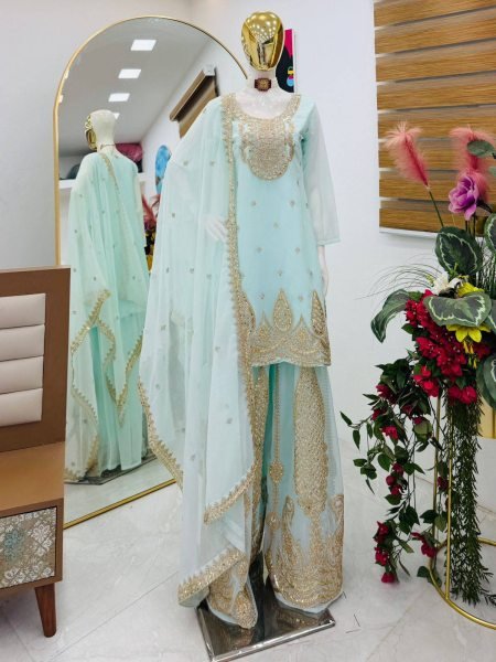 Lightweight Sky Blue Georgette Sharara Suits With Coding For Women s Suits Set Manufacturer Ready To Wear Collection