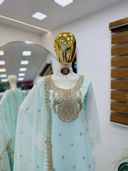 Lightweight Sky Blue Georgette Sharara Suits With Coding For Women s Suits Set Manufacturer Ready To Wear Collection