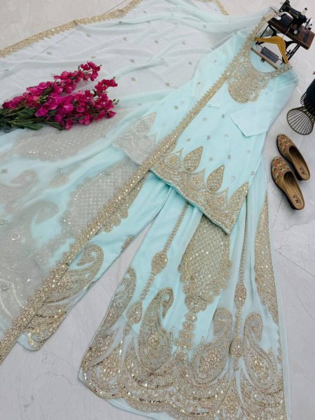 Lightweight Sky Blue Georgette Sharara Suits With Coding For Women s Suits Set Manufacturer Ready To Wear Collection