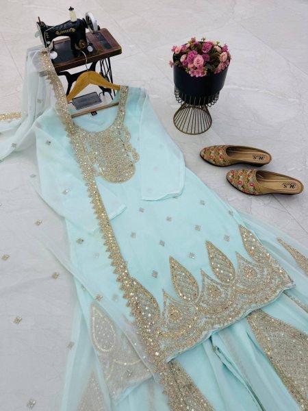 Lightweight Sky Blue Georgette Sharara Suits With Coding For Women s Suits Set Manufacturer Ready To Wear Collection