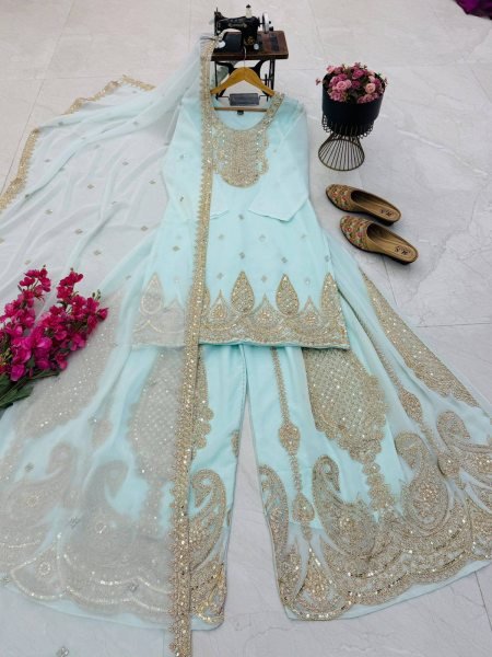 Lightweight Sky Blue Georgette Sharara Suits With Coding For Women s Suits Set Manufacturer Ready To Wear Collection