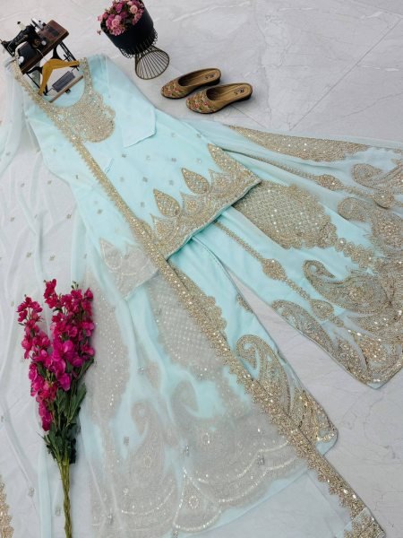 Lightweight Sky Blue Georgette Sharara Suits With Coding For Women s Suits Set Manufacturer Ready To Wear Collection