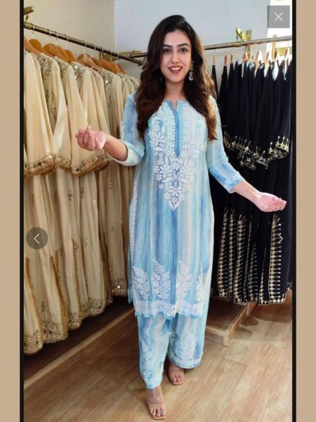 Lightweight Sky Blue Rayon Embroidered Palazzo Set for Women Summer Wear Ready To Wear Suit