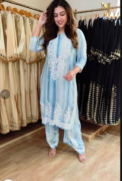 Lightweight Sky Blue Rayon Embroidered Palazzo Set for Women Summer Wear Ready To Wear Collection