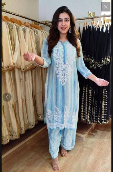 Lightweight Sky Blue Rayon Embroidered Palazzo Set for Women Summer Wear Ready To Wear Collection