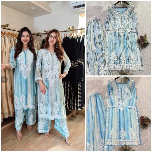 Lightweight Sky Blue Rayon Embroidered Palazzo Set for Women Summer Wear Ready To Wear Collection