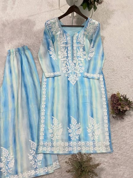 Lightweight Sky Blue Rayon Embroidered Palazzo Set for Women Summer Wear Ready To Wear Collection