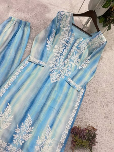 Lightweight Sky Blue Rayon Embroidered Palazzo Set for Women Summer Wear Ready To Wear Collection