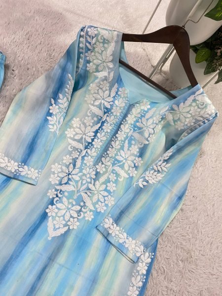 Lightweight Sky Blue Rayon Embroidered Palazzo Set for Women Summer Wear Ready To Wear Collection