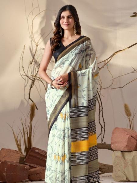 Lightweight Soft Georgette Cream Saree with Bird Print Motifs and Mustard-Black Striped Pallu Sarees 