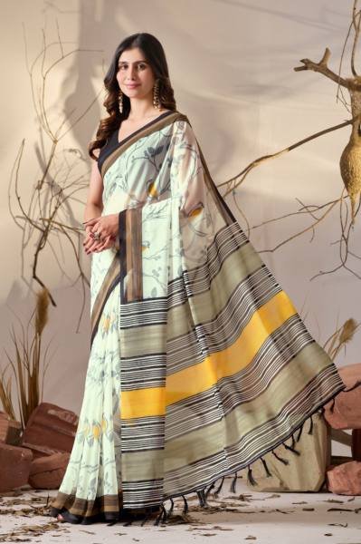 Lightweight Soft Georgette Cream Saree with Bird Print Motifs and Mustard-Black Striped Pallu Georgette Sarees Wholesale