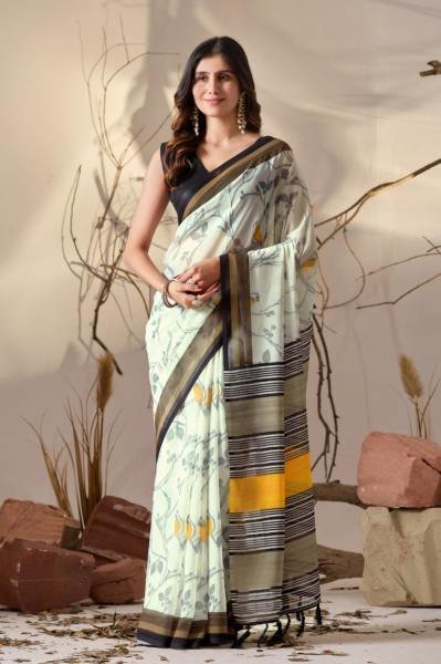 Lightweight Soft Georgette Cream Saree with Bird Print Motifs and Mustard-Black Striped Pallu Georgette Sarees Wholesale