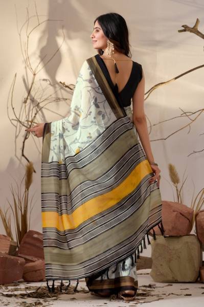 Lightweight Soft Georgette Cream Saree with Bird Print Motifs and Mustard-Black Striped Pallu Georgette Sarees Wholesale