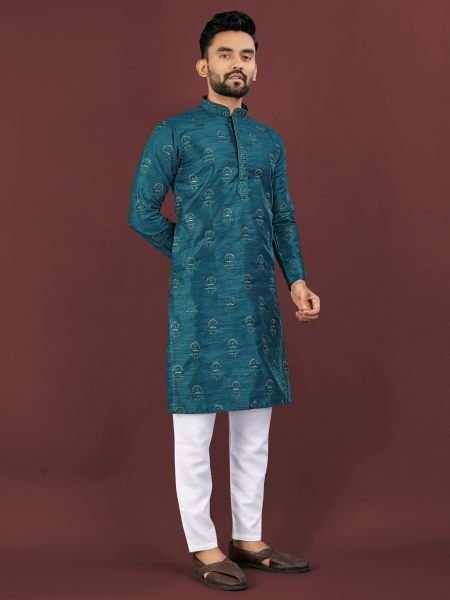 Lightweight Teal Blue Party Wear Men’s Banglory Silk Kurta Pyjama Set 