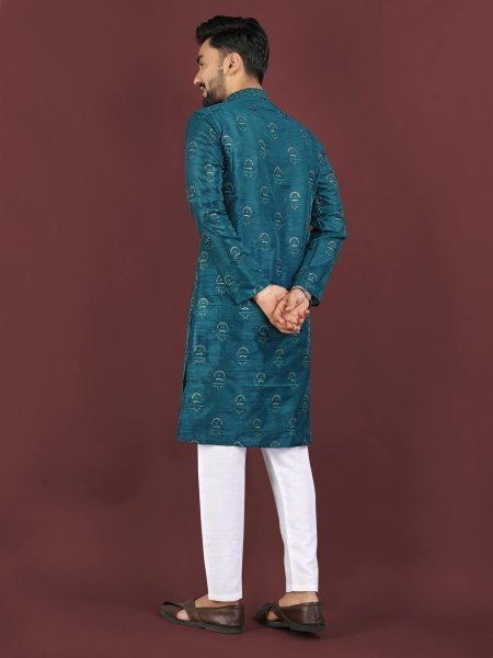 Lightweight Teal Blue Party Wear Men’s Banglory Silk Kurta Pyjama Set Kurta Pajama Wholesale