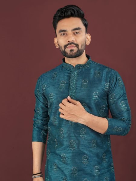 Lightweight Teal Blue Party Wear Men’s Banglory Silk Kurta Pyjama Set Kurta Pajama Wholesale