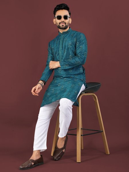 Lightweight Teal Blue Party Wear Men’s Banglory Silk Kurta Pyjama Set Kurta Pajama Wholesale