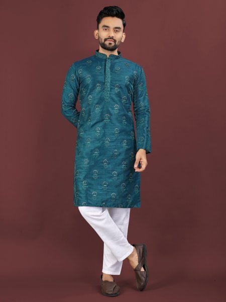 Lightweight Teal Blue Party Wear Men’s Banglory Silk Kurta Pyjama Set Kurta Pajama Wholesale