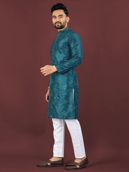 Lightweight Teal Blue Party Wear Men’s Banglory Silk Kurta Pyjama Set Kurta Pajama Wholesale