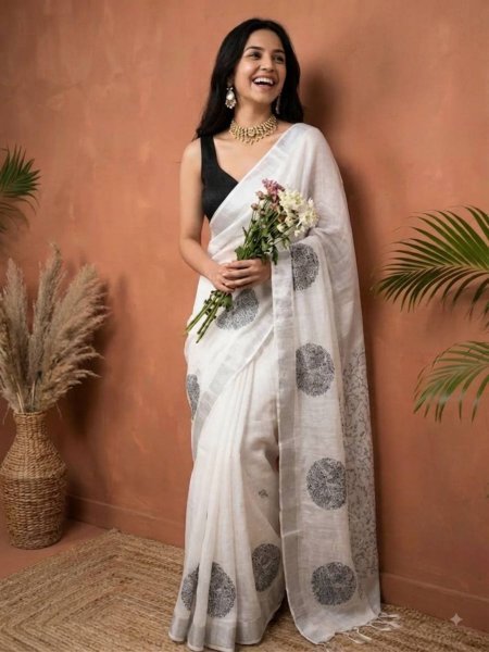 Lightweight White Black Linen Cotton Saree with Silver Patta Weaving and Matching Blouse