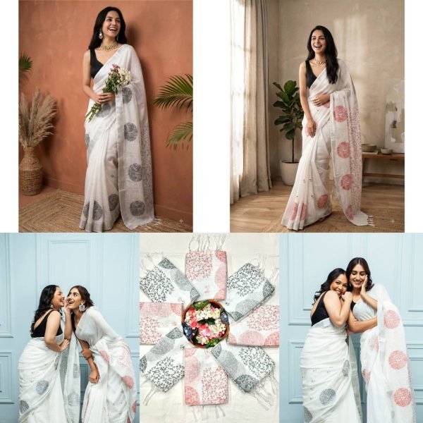 Lightweight White Black Linen Cotton Saree with Silver Patta Weaving and Matching Blouse Printed Cotton Sarees Wholesale
