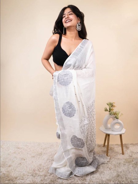 Lightweight White Black Linen Cotton Saree with Silver Patta Weaving and Matching Blouse Printed Cotton Sarees Wholesale