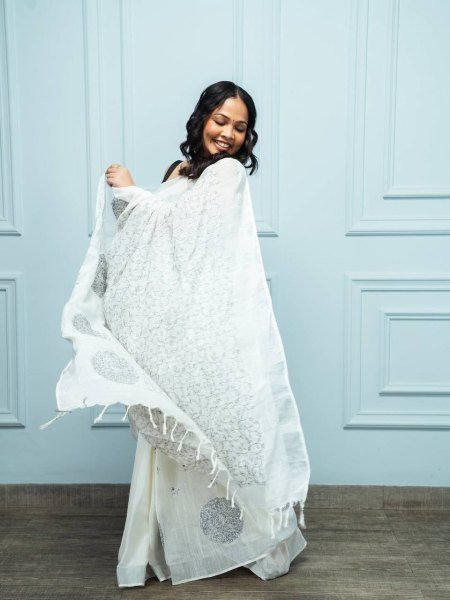 Lightweight White Black Linen Cotton Saree with Silver Patta Weaving and Matching Blouse Printed Cotton Sarees Wholesale