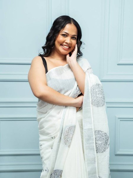Lightweight White Black Linen Cotton Saree with Silver Patta Weaving and Matching Blouse Printed Cotton Sarees Wholesale