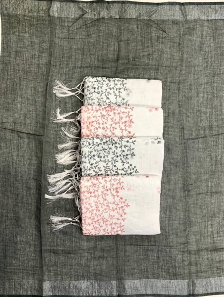 Lightweight White Black Linen Cotton Saree with Silver Patta Weaving and Matching Blouse Printed Cotton Sarees Wholesale