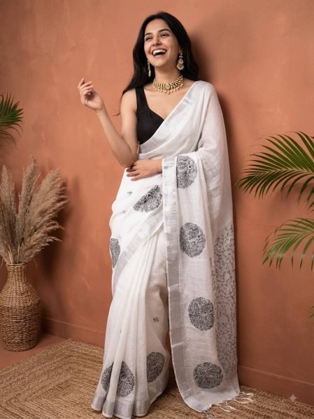 Lightweight White Black Linen Cotton Saree with Silver Patta Weaving and Matching Blouse Printed Cotton Sarees Wholesale