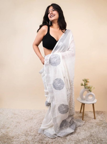 Lightweight White Black Linen Cotton Saree with Silver Patta Weaving and Matching Blouse Printed Cotton Sarees Wholesale