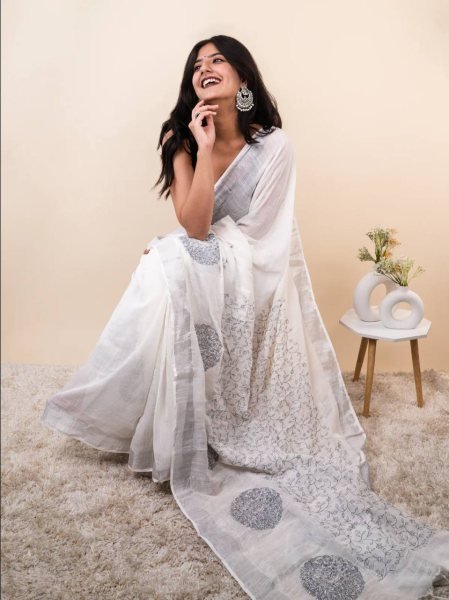 Lightweight White Black Linen Cotton Saree with Silver Patta Weaving and Matching Blouse Printed Cotton Sarees Wholesale