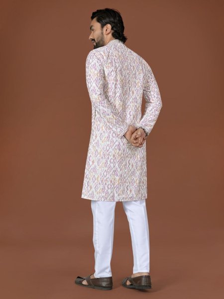 Lightweight White Cotton Printed Kurta with Weaving Silk Neck Design for Festive Occasions Kurta Pajama Wholesale