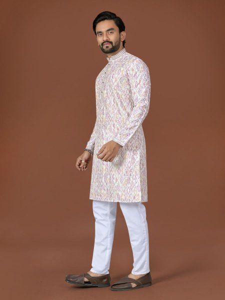 Lightweight White Cotton Printed Kurta with Weaving Silk Neck Design for Festive Occasions Kurta Pajama Wholesale