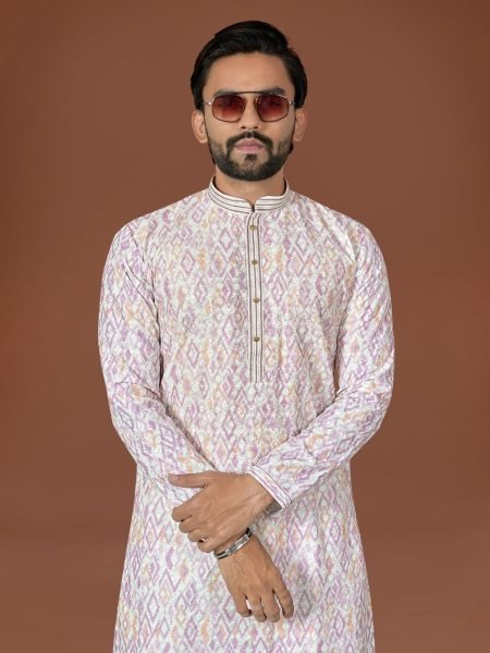 Lightweight White Cotton Printed Kurta with Weaving Silk Neck Design for Festive Occasions Kurta Pajama Wholesale