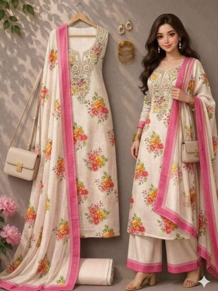 Lightweight White Lilan Cotton Digital Print Dress Material for Festive and Everyday Ethnic Wear 