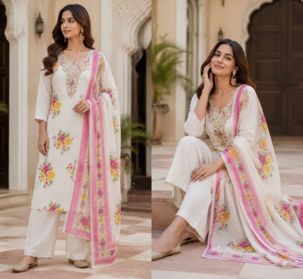 Lightweight White Lilan Cotton Digital Print Dress Material for Festive and Everyday Ethnic Wear Punjabi Dress Materials Wholesale