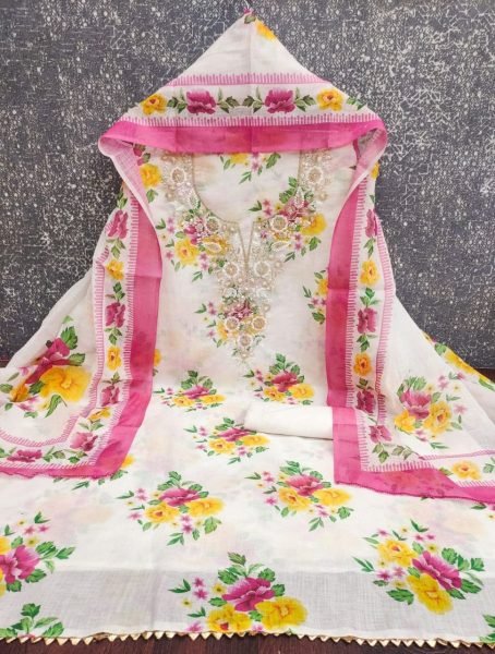 Lightweight White Lilan Cotton Digital Print Dress Material for Festive and Everyday Ethnic Wear Punjabi Dress Materials Wholesale