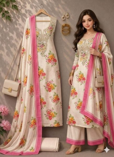 Lightweight White Lilan Cotton Digital Print Dress Material for Festive and Everyday Ethnic Wear Punjabi Dress Materials Wholesale