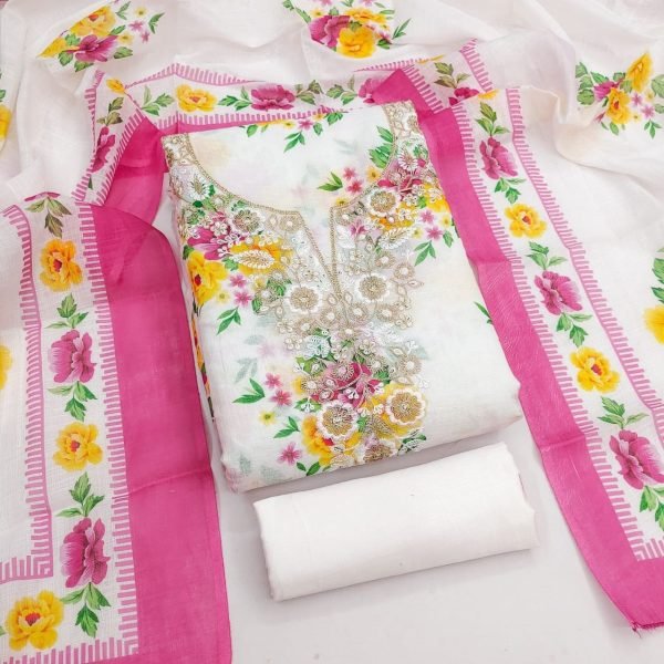Lightweight White Lilan Cotton Digital Print Dress Material for Festive and Everyday Ethnic Wear Punjabi Dress Materials Wholesale