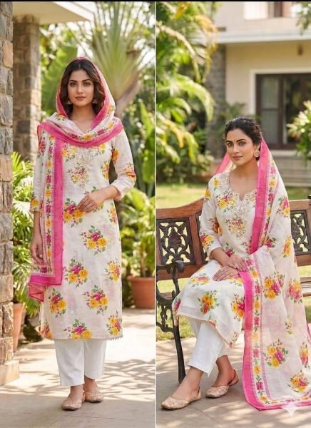 Lightweight White Lilan Cotton Digital Print Dress Material for Festive and Everyday Ethnic Wear Punjabi Dress Materials Wholesale